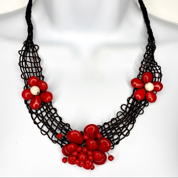 Artisan Red Flower Boho Cord Necklace & Bracelet - Picture 11 of 16